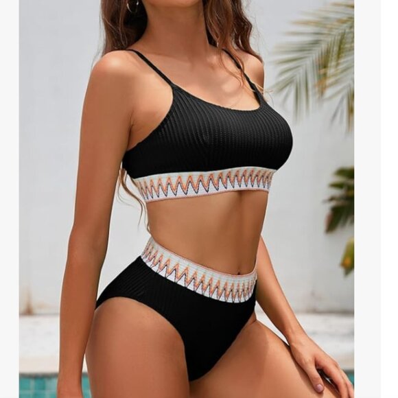 Herseas Women's High Waisted Bikini Set Black Color Block Bathing Suit Chevron - Picture 2 of 6